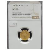 2003 GOLD EAGLE $5 GOLD COIN NGC: MS69 - 1/10 OZ