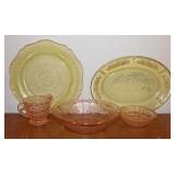 Vtg Yellow & Pink Depression Glass Serving Dishes