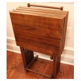 Set of Wooden Folding Snack Tables on Rack