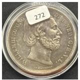 1871 NETHERLANDS 2 1/2 GULDEN COIN - 94.5% SILVER-