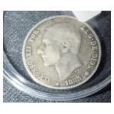 1885 SPAIN ONE PESETA - 83.5% SILVER - 5 GRAMS