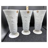 3 PC HARVEST GRAPE MILK GLASS VASES