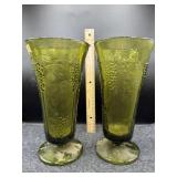 2 PC INDIANA GLASS GREEN HARVEST GRAPE VASE