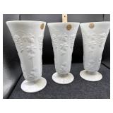 3 PC HARVEST GRAPE MILK GLASS VASES