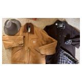 2 CARHARTT COATS, LAMP & HAT