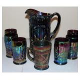 L.G. Wright Blue Carnival Glass Pitchef & Cups Set