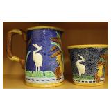 Vintage Majolica Cobalt Blue Egret Pitcher & Bowl