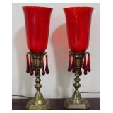 Pair of Vintage Brass Red Glass Table Lamps