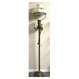 Atq Brass Floor Lamp w/ Glass Hand Painted Shade