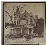 Lithograph Victorian House on Cloth Framed