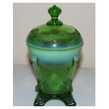 Vtg Jeannette Glass Green Lidded Candy Dish