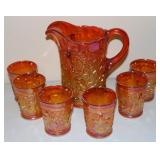 Mosser Maple Leaf  Carnival Glass Pitcher & Cups