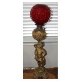 Atq Figural Brass Parlor Lamp w/ Red Dome Shade