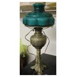 Antique Brass Converted Oil Lamp w/ Glass Shade
