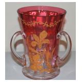 Vintage Ruby Red Glass Vase 3 Handled