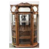 Antique Tiger Oak Curved Glass Display Cabinet