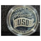 1991 USO PROOF SILVER DOLLAR - BOX AND COA