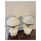 Pair of hobnail, milk, glass lamps