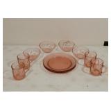 Pink Depression Glass Plates, Bowls and Cups