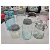 7 ASSORTED ANTIQUE BLUE & CLEAR CANNING JARS
