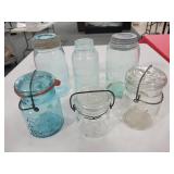 6 ASSORTED ANTIQUE JARS - BLUE & CLEAR GLASS