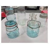 6 ASSORTED ANTIQUE BLUE & CLEAR CANNING JARS