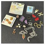 ASSORTED PINS, EARRINGS, TIE TACKS, ETC.