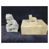 CARVED ASIAN DESIGN STONE TRINKET BOX AND CARVED