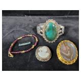 CAMEO BROOCH, CUFF BRACELET, BEADED BRACELET,