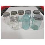 8 ANTIQUE CANNING JARS - CLEAR & BLUE