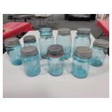 9 ANTIQUE BLUE CANNING JARS