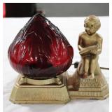 BRASS FIGURAL LAMP W/ RED GLASS SHADE
