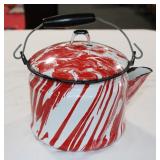 RED & WHITE SWIRL ENAMELWARE TEA KETTLE