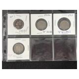 (3) LIBERTY "V" NICKELS & 1957 JEFFERSON NICKEL