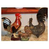 Chalkware, Wooden, & Metal Wire Rooster Collection