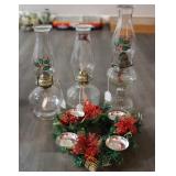 Clear Glass Oil Lamps w/ Hollies & Center Piece