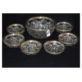 CUT GLASS & STERLING SILVER RIM BERRY BOWL SET