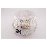 CUT GLASS DRESSER JAR WITH PINS AND BROACHES