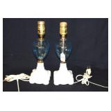PAIR BLUE GLASS LAMPS WITH MILK GLASS BASES