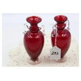 PAIR MURANO RUBY RED ART GLASS URN VASES