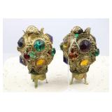 PAIR ART NOUVEAU JEWELED OIL LAMPSHADES
