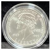 1993 THOMAS JEFFERSON 250TH ANN. SILVER DOLLAR