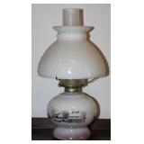 Currier & Ives Milk Glass Hobnail Oil Lamp