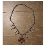 Silver Tone Squash Blossom Coral Cabochon Necklace
