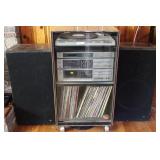 Record Playing Media Cabinet w/ Speakers &Contents