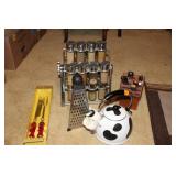 SPICE RACK, COW TEAPOT, CUTLERY ETC