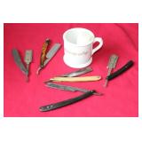 SHAVING MUG & BRUSH AND (5) STRAIGHT RAZORS