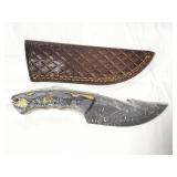8" GUT HOOK DAMASCUS STYLE BLADE W/ LEATHER