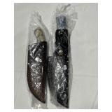 (2) NEW FIXED BLADE KNIVES WITH LEATHER SHEATHS -