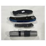 (3) POCKET KNIVES & FLASHLIGHT